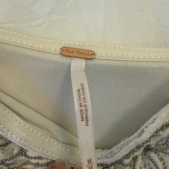 Free People Size Medium Beaded Embroidered Lace Mini Dress Dainty Lace Beige - Picture 8 of 13